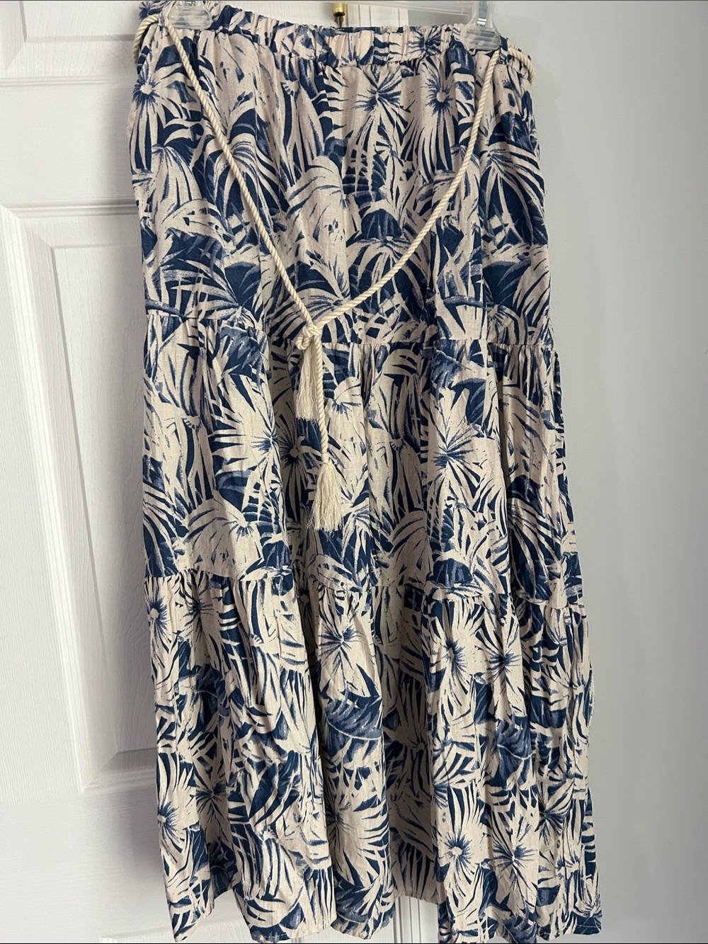 C&C California Navy and Cream Tiered Midi Skirt with Tassel Waist